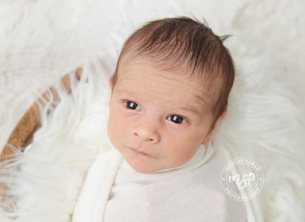 newborn baby in cream basket with fur