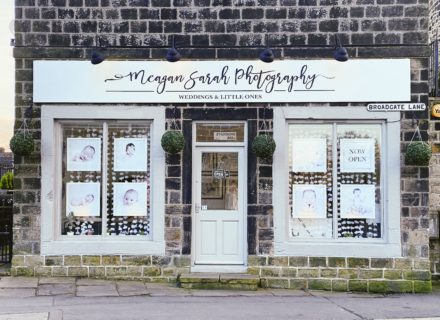 Meagan Sarah Photography Studio shop front, window, display, Leeds, Horsforth, 2 Broadgate Lane, Town Street, Yorkshire, Blueing, Stone,