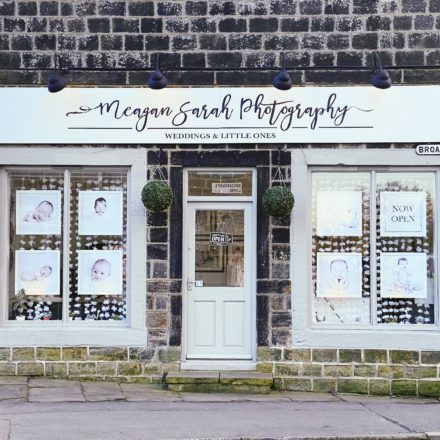 Meagan Sarah Photography Studio shop front, window, display, Leeds, Horsforth, 2 Broadgate Lane, Town Street, Yorkshire, Blueing, Stone,