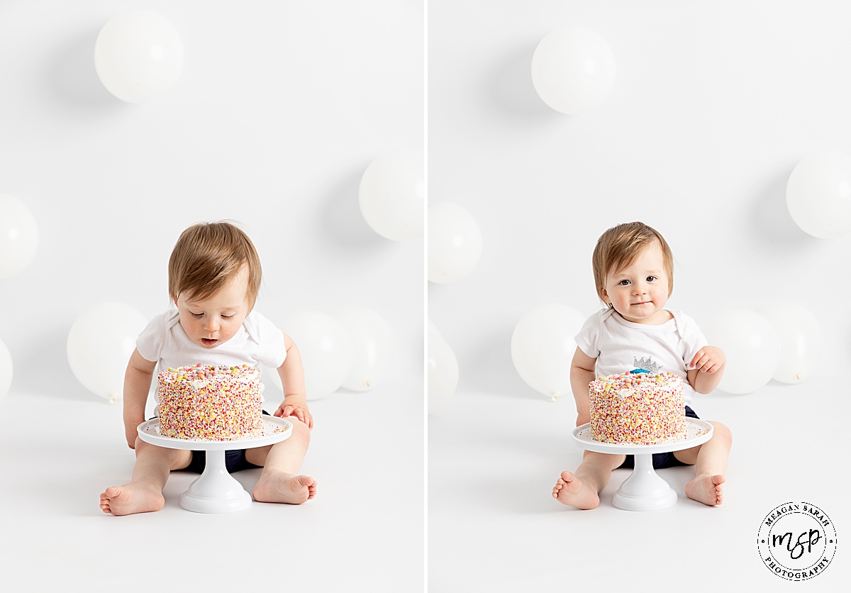 Cake Smash,1st Birthday,Cake,First Birthday,Fun,Funny,Minimal,Modern,Simple,Things to do with a toddler,White background,White balloons,Beautiful Photography,Children Photographer,High Key,Meagan Sarah Photography,Photographer,Professional,Photography,Studio photographer,