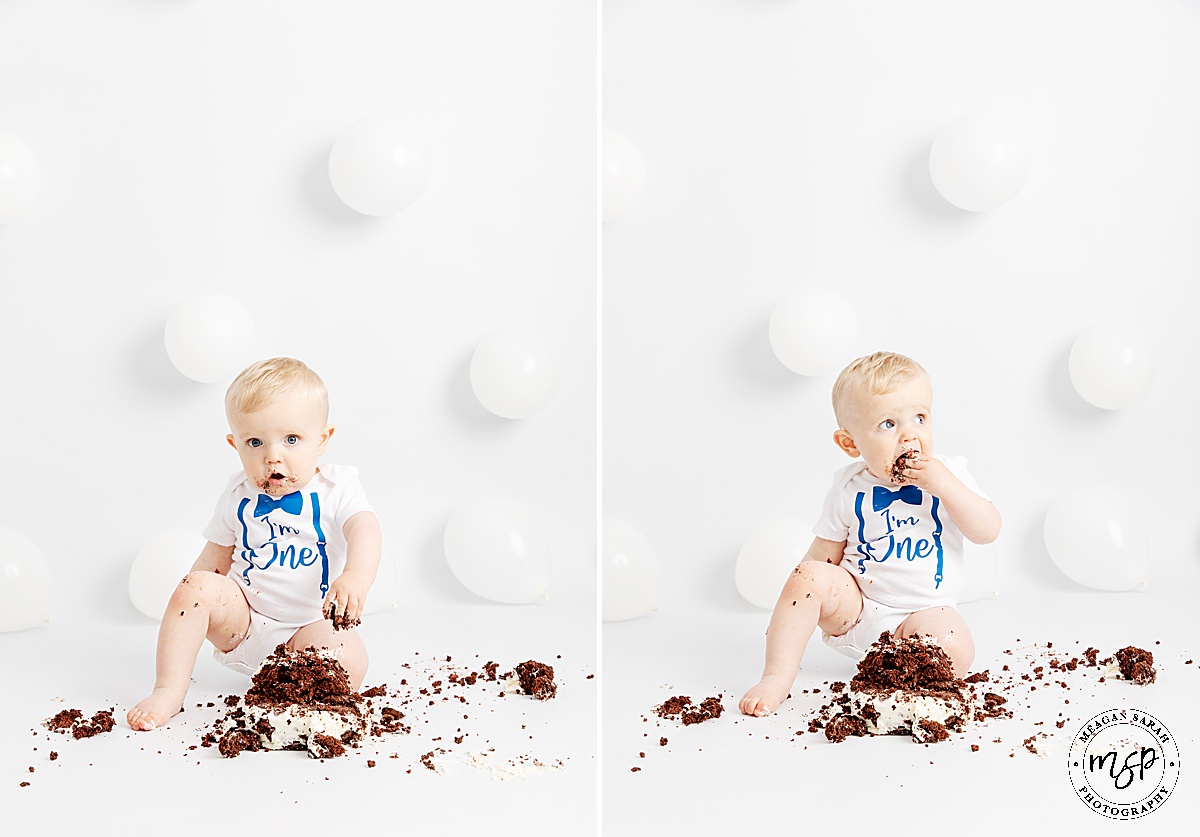 Leeds,Horsforth,Cake,1st Birthday,High End,High Key,Meagan Sarah Photography,Photographer,Photography,Professional,Studio,Studio photographer,Beautiful Photography,Children Photographer,First Birthday,Fun,Funny,Minimal,Modern,Simple,Things to do with a toddler,White background,White balloons,Cake Smash,West Yorkshire,