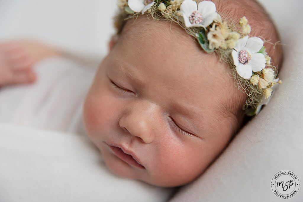 Beautiful newborn baby photography, floral headband, crown, flowers, Leeds, Studio