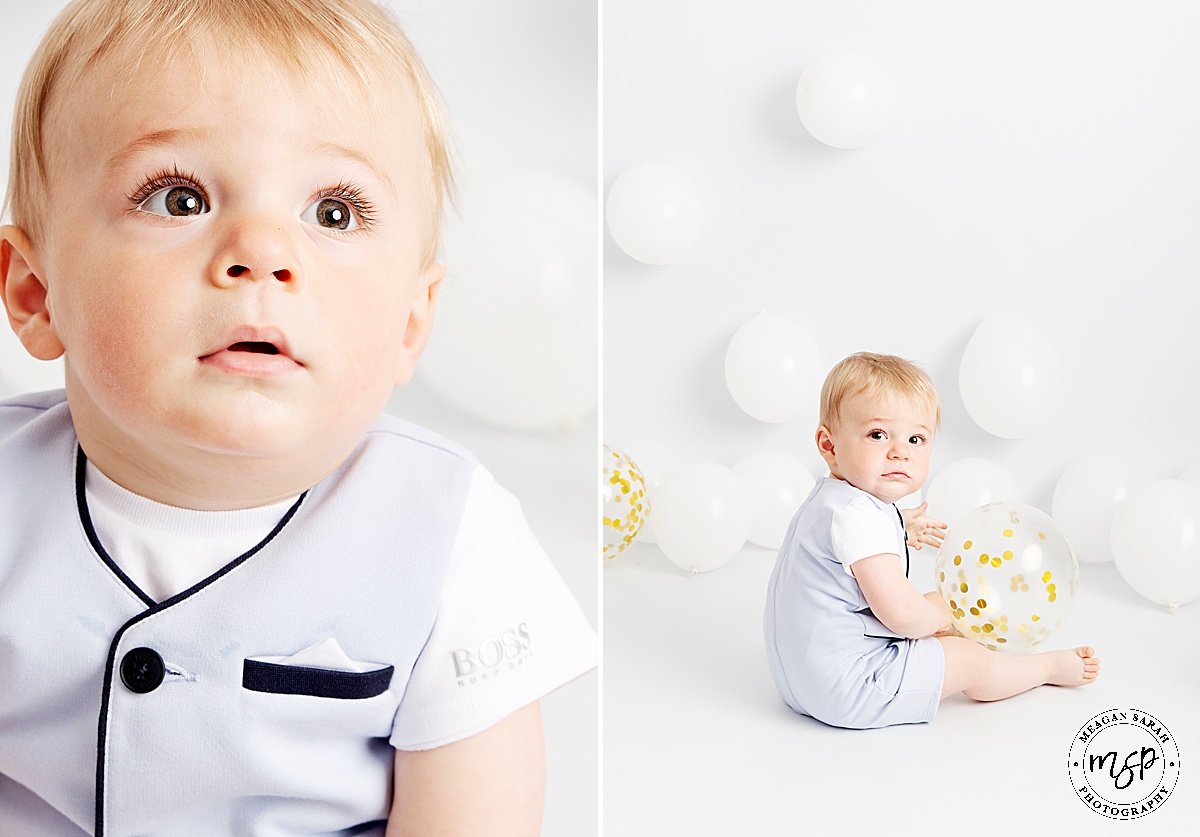 Cake Smash,1st Birthday,Cake,First Birthday,Fun,Funny,Minimal,Modern,Simple,Things to do with a toddler,White background,White balloons,Blue cake,Gold balloon,Children Photographer,High End,High Key,Meagan Sarah Photography,Photographer,Photography,Professional,Studio,Studio photographer,Leeds,Horsforth,West Yorkshire,Happy Birthday,
