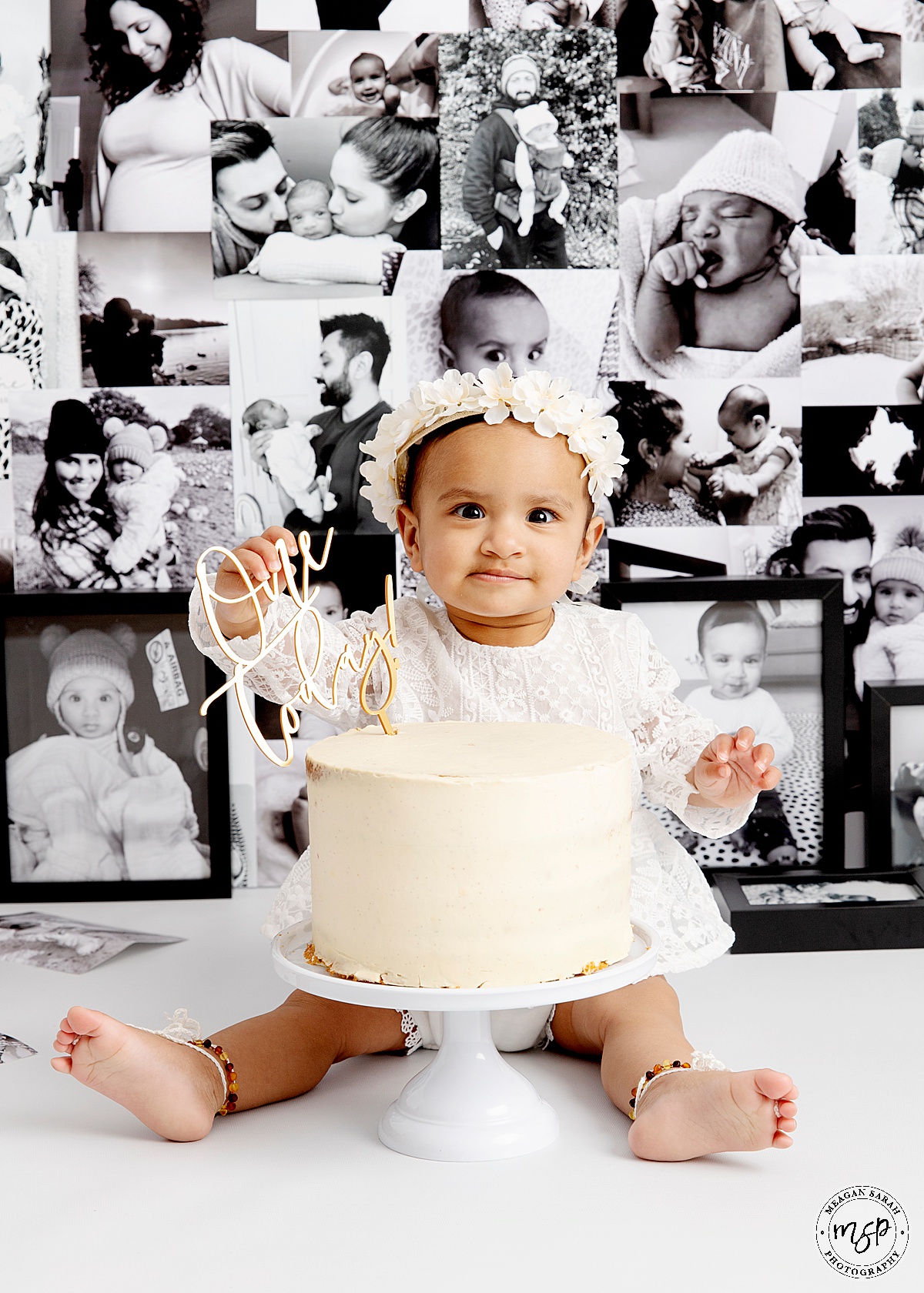Photo wall,White backdrop,1st Birthday,Cake,First Birthday,Fun,Funny,Happy Birthday,Modern,Simple,Things to do with a toddler,Beautiful Photography,Children Photographer,High End,High Key,Meagan Sarah Photography,Photographer,Photography,Professional,Studio,Studio photographer,Floral headband,Girl,Leeds,Horsforth,West Yorkshire,