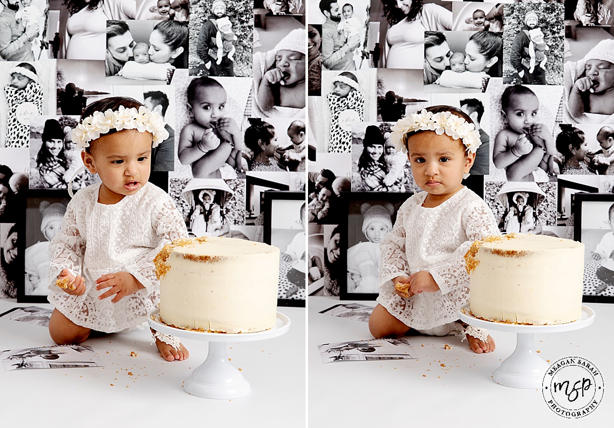 White backdrop,Photo wall,1st Birthday,Cake,First Birthday,Fun,Funny,Happy Birthday,Modern,Simple,Things to do with a toddler,Beautiful Photography,Children Photographer,High End,High Key,Meagan Sarah Photography,Photographer,Photography,Professional,Studio,Studio photographer,Floral headband,Girl,Leeds,Horsforth,West Yorkshire,