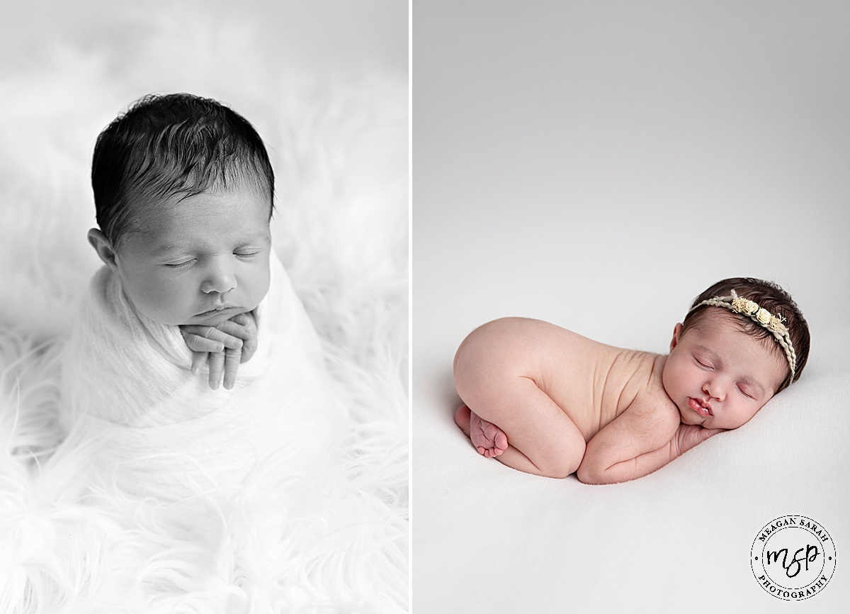 small baby,Newborn baby,Horsforth,Leeds,West Yorkshire,Girl,Meagan Sarah Photography,Studio,Studio photographer,Professional,Photography,Photographer,High Key,High End,Children Photographer,Beautiful Photography,White backdrop,Swaddle,Fur blanket,