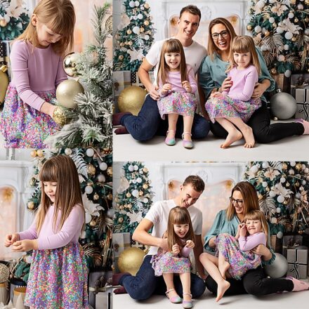 Christmas family photoshoot. Photo against a faux christmas scene of a homely fireplace, gifts and tree. Family of 4 sitting playing and posing for the camera. Colour theme is lilac and greens.