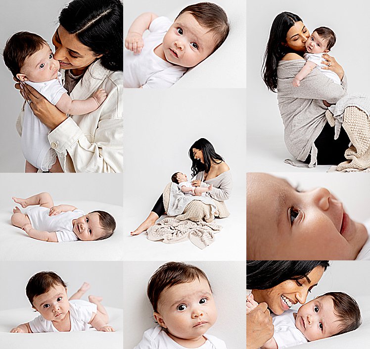 Baby photography in Leeds. Photo of baby 3 months old. Baby with mother. collage of images. baby wearing white. 