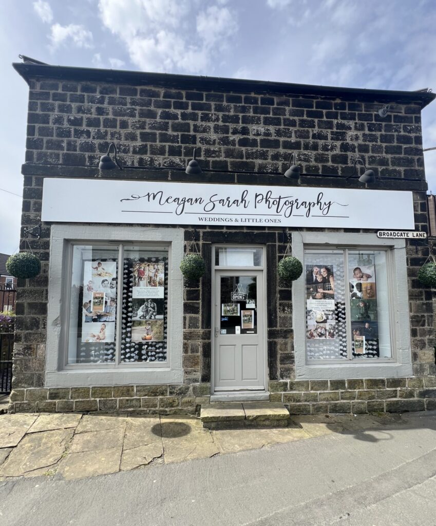 Studio exterior of Meagan Sarah Photography. Photo of the front of shop on Broadgate Lane, Horsforth, Leeds.