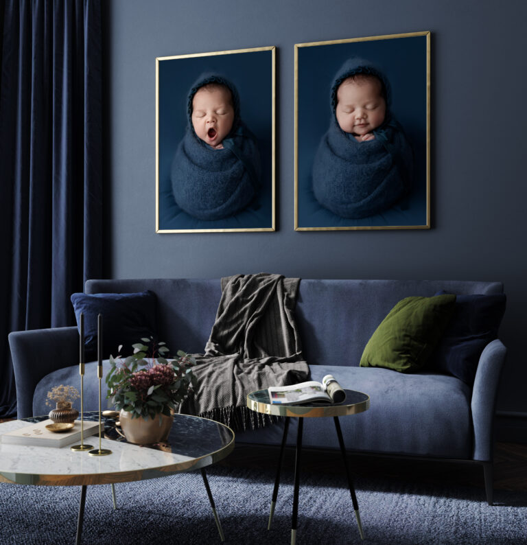 Newborn photography. Baby photos farmed on a navy blue wall. Gold frame. Leeds baby photos. Baby photography.