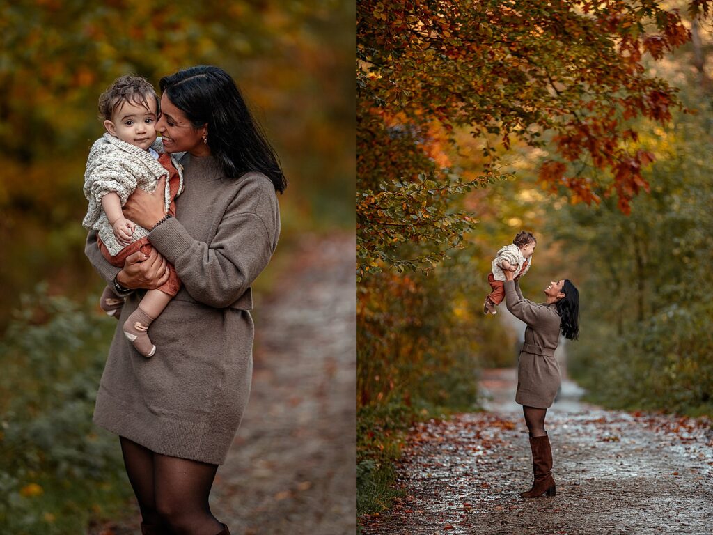 Autumn family photoshoot in Otley Chevin near Leeds – a mother holding her baby boy whilst under colourful autumn fall leaves. 