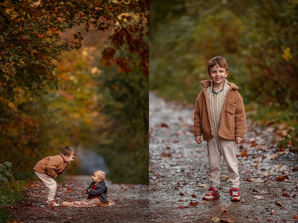 Autumn family photoshoot in Otley Chevin near Leeds – two children playing under colourful autumn fall leaves. 